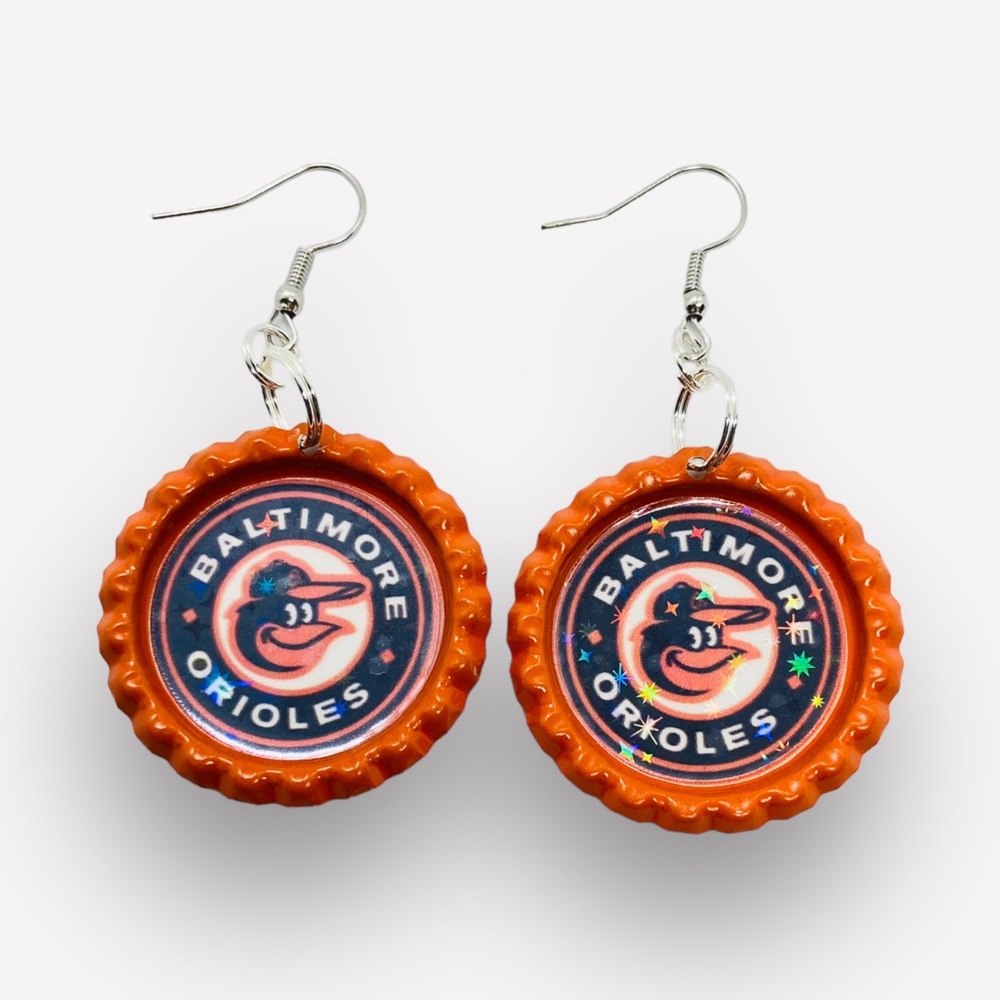 Baltimore Orioles Baseball Bottle Cap Earrings - Picture 3 of 5